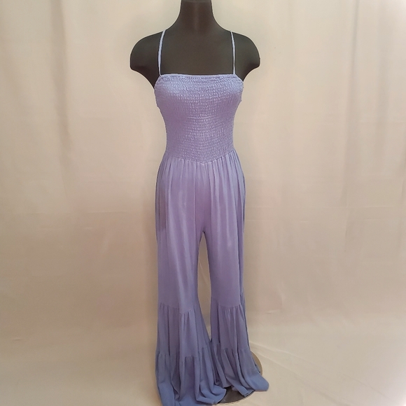 MainStrip Blue Cotton Boho Jumpsuit Flair Legs Ruffles Size L - Picture 3 of 6